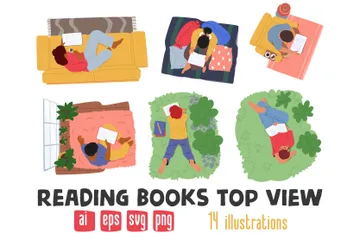 Lecture de livres vue de dessus Pack d'Illustrations