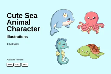 Lindo personaje de animal marino Paquete de Ilustraciones
