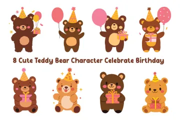 Lindo personaje de oso de peluche celebrando su cumpleaños Paquete de Ilustraciones