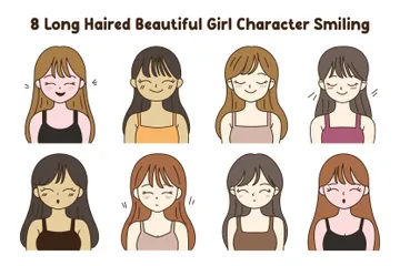 Long Haired Beautiful Girl Character Smiling Illustration Pack