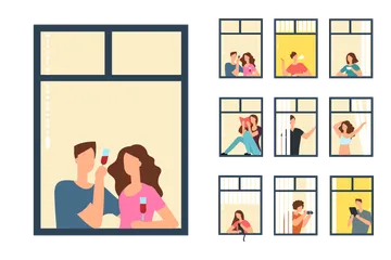 Mann und Frau in Wohnungsfenstern Illustration Pack