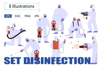 Männer im Schutzanzug mit Atemschutzmaske und Desinfektionsgerät Illustrationspack