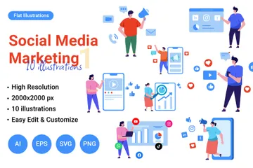 Marketing sur les réseaux sociaux, partie 1 Pack d'Illustrations