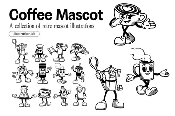 Herramientas y equipos de cafetería Retro Mascot Paquete de Ilustraciones