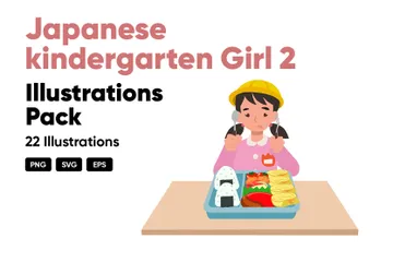 Cartões infantis japoneses menina 2 Pacote de Ilustrações