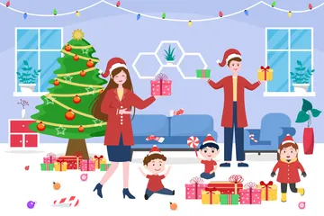 Merry Christmas With Family And Santa Illustration Pack