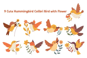 Colibri mignon oiseau volant avec une fleur Pack d'Illustrations