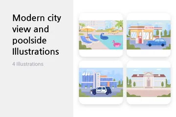 Modern City View And Poolside Illustration Pack