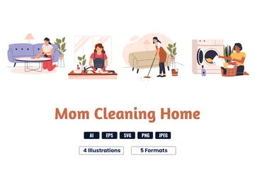 Mom Cleaning Home Illustration Pack