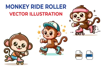 Monkey Playing Roller Skating Illustration Pack