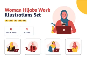 Mujer musulmana usando laptop Paquete de Ilustraciones