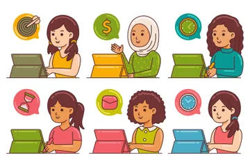 Mulheres que trabalham com tablet gráfico Pacote de Ilustrações