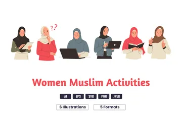 Muslim Girl Activities Wearing Hijab Illustration Pack