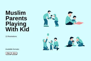 Muslim Parents Playing With Kid Illustration Pack