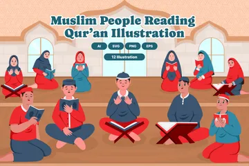 Muslim People Reading Al-Qur’an Illustration Pack