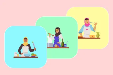 Muslim Woman Cooking In Kitchen Illustration Pack