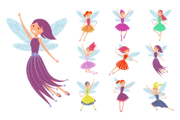 Chicas de hadas voladoras con alas angulares Paquete de Ilustraciones