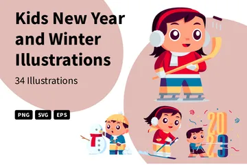 Niños año nuevo e invierno Paquete de Ilustraciones
