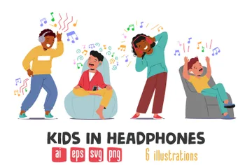 Niños con auriculares Paquete de Ilustraciones