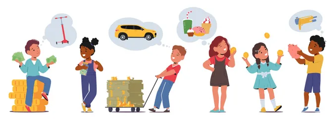 Niños con dinero Paquete de Ilustraciones