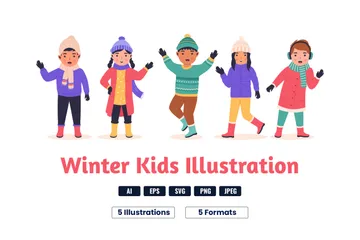 Niños sonriendo y riendo en un día de invierno Paquete de Ilustraciones