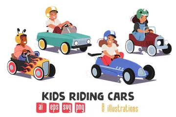 Niños viajando en coches Paquete de Ilustraciones