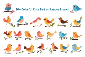 Oiseau mignon et coloré sur une branche de feuilles Pack d'Illustrations