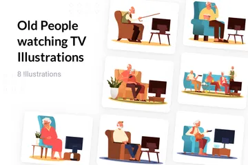Old People Watching TV Illustration Pack