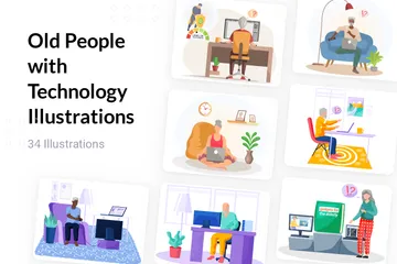Old People With Technology Illustration Pack