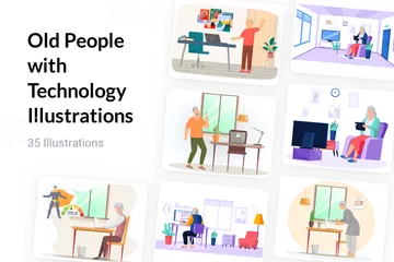 Old People With Technology Illustration Pack