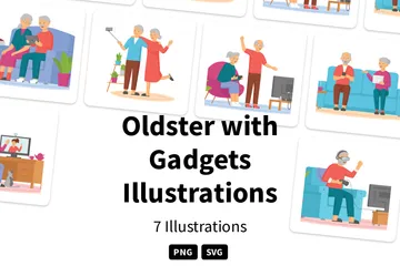 Oldster With Gadgets Illustration Pack