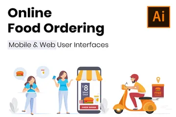 Online-Bestellung und Lieferung von Lebensmitteln Illustrationspack