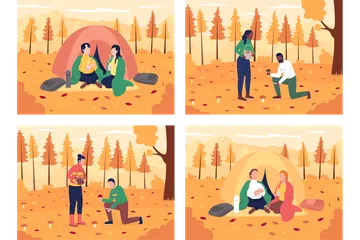 Paar Camping im Herbst Illustrationspack