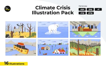 Pack d'illustrations de dessins animés sur les problèmes liés à la crise climatique Pack d'Illustrations