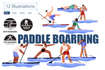 Femme souriante faisant du paddle board Pack d'Illustrations