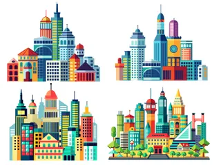 Paisagens urbanas com vários edifícios Pacote de Ilustrações