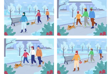 Promenade dans le parc d'hiver Pack d'Illustrations