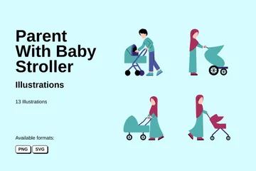 Parent With Baby Stroller Illustration Pack