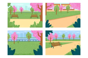 Park In Spring Season Illustration Pack