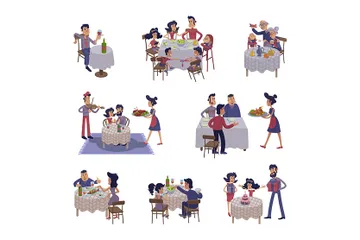 People At Dining Table Illustration Pack