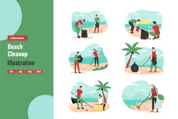 People Cleaning Beach Illustration Pack