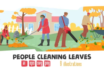 People Cleaning Leaves Illustration Pack