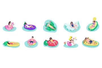 People Float On Air Mattresses Illustration Pack