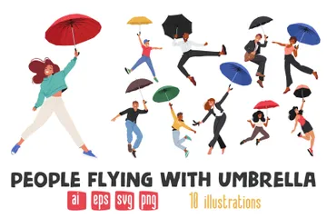 People Flying With Umbrella Illustration Pack