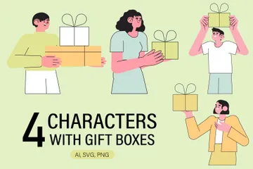 People Hold Gifts With Presents Illustration Pack