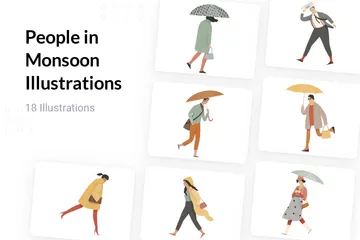 People In Monsoon Illustration Pack