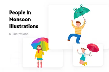 People In Monsoon Illustration Pack