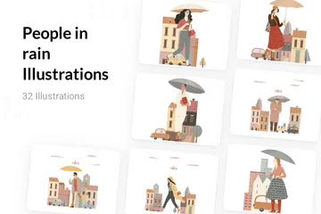 People In Rain Illustration Pack