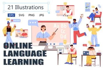 People Learning Foreign Language Online Illustration Pack