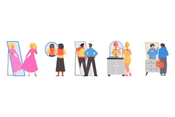 People Looking At Fake Mirror Reflection And Dreaming To Be Successful Illustration Pack